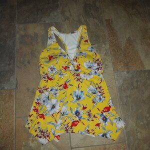 Kona Sol Women Tankini Swim Swimsuit Top 18W/plus Yellow Floral Racerback